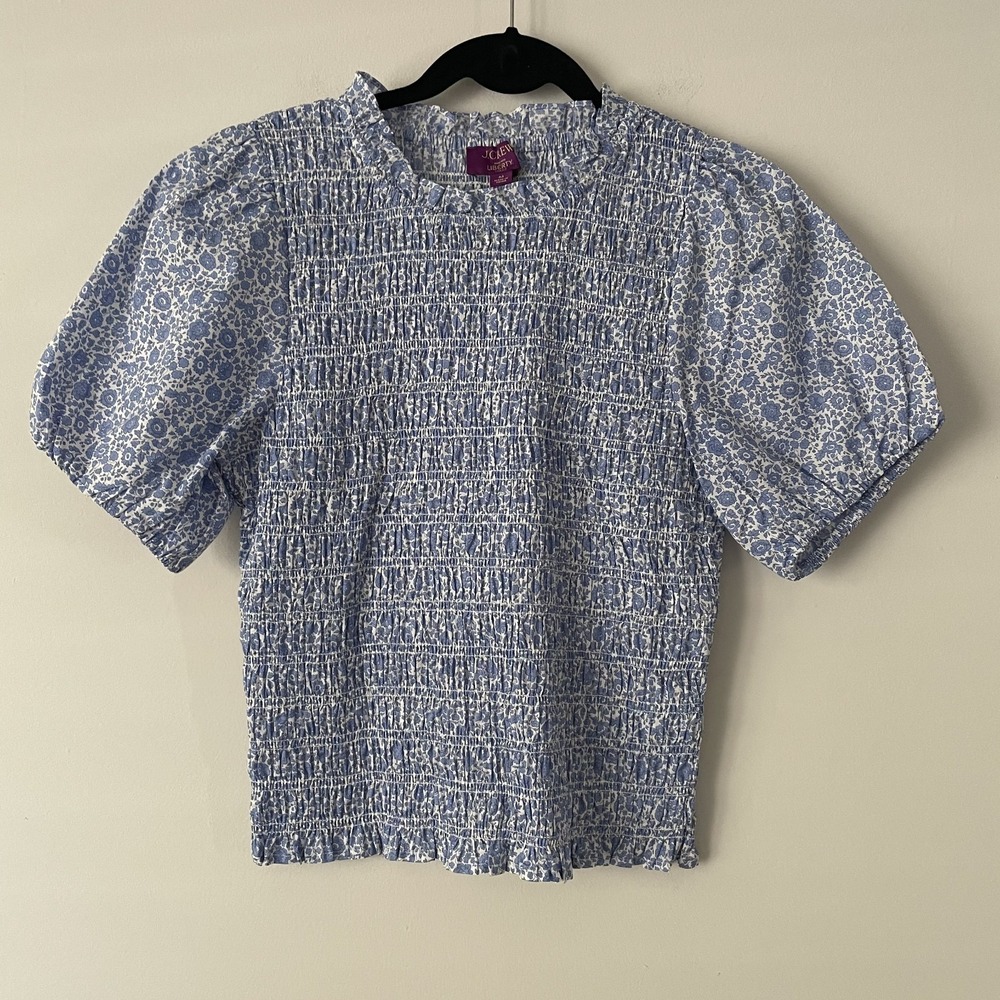 J. Crew Factory Blue and White Floral Smocked Puff Sleeve Top